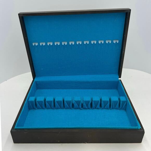 Antique Vintage Wooden Silverware Flatware Chest Blue Fabric Lined Storage Box - Picture 1 of 10